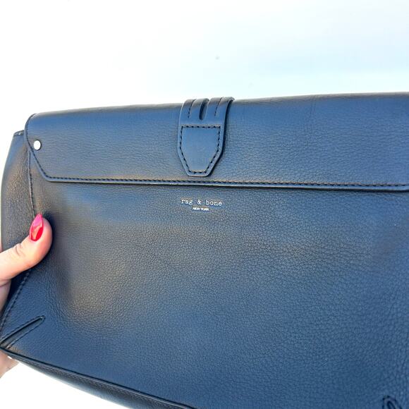 Rag & Bone Enfield Soft Leather Flap Top Purse Clutch Black Silver Bag - Picture 5 of 8